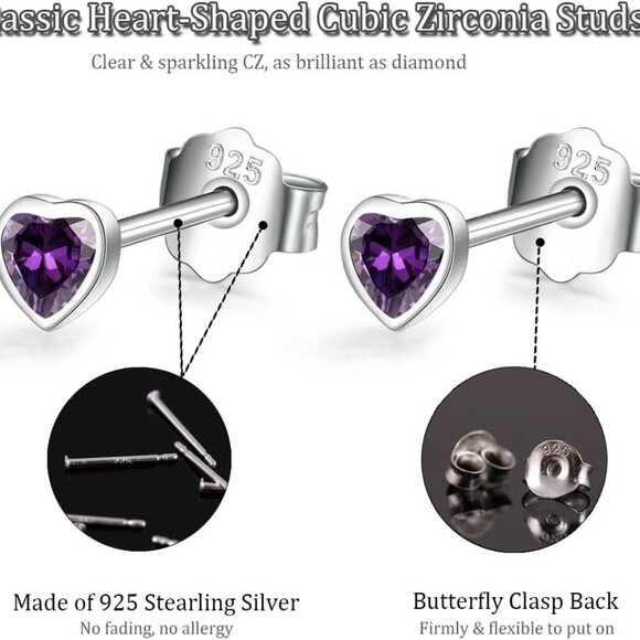 Sterling Silver Tiny Heart CZ Stud Earrings Set, Hypoallergenic, Perfect for Men - Picture 4 of 5